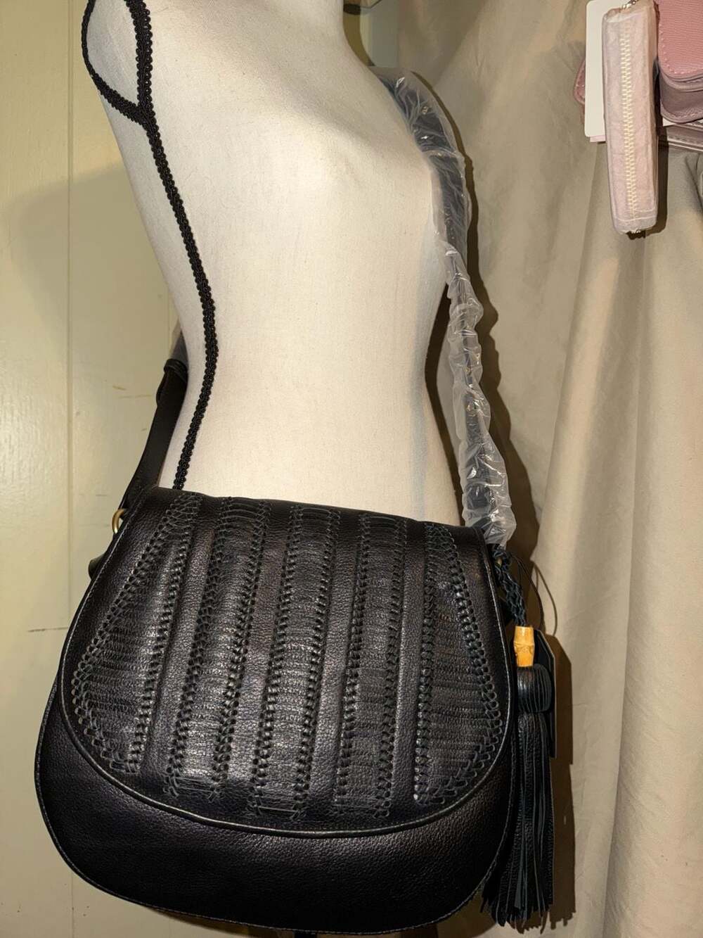Foley + Corinna Black Leather Saddle Bag with Bamboo Tassel Detail